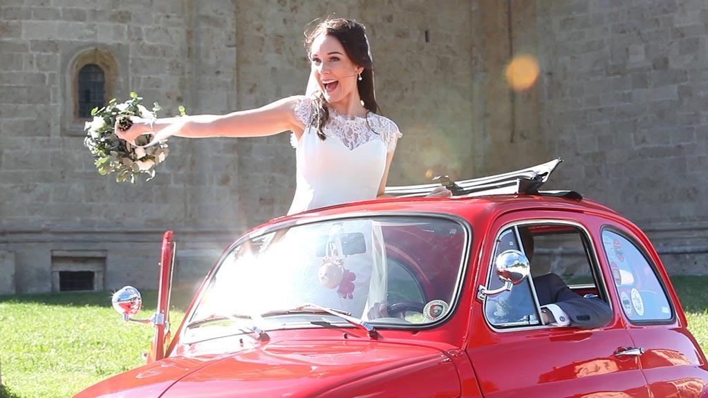 From the beautiful church of San Biagio in Montepulciano to Terre di Nano with the historic sparkling red cinquecento Fiat. Terre di Nano wedding video Monticchiello Tuscany