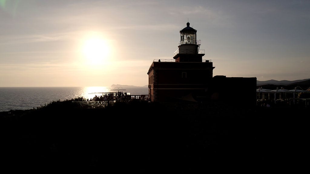 Faro Capo Spartivento wedding. The Capo Spartivento lighthouse taken from the east side facing the sea just before sunset. Chia, Cagliari, Sardinia, Italy.